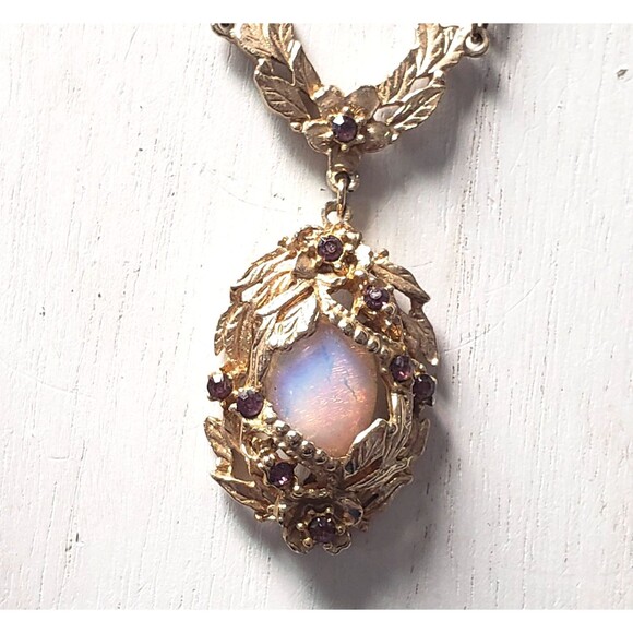 Vintage Victorian Fire Opal & Purple Rhinestone Goldtone 15" Chocker Necklace - Picture 14 of 16